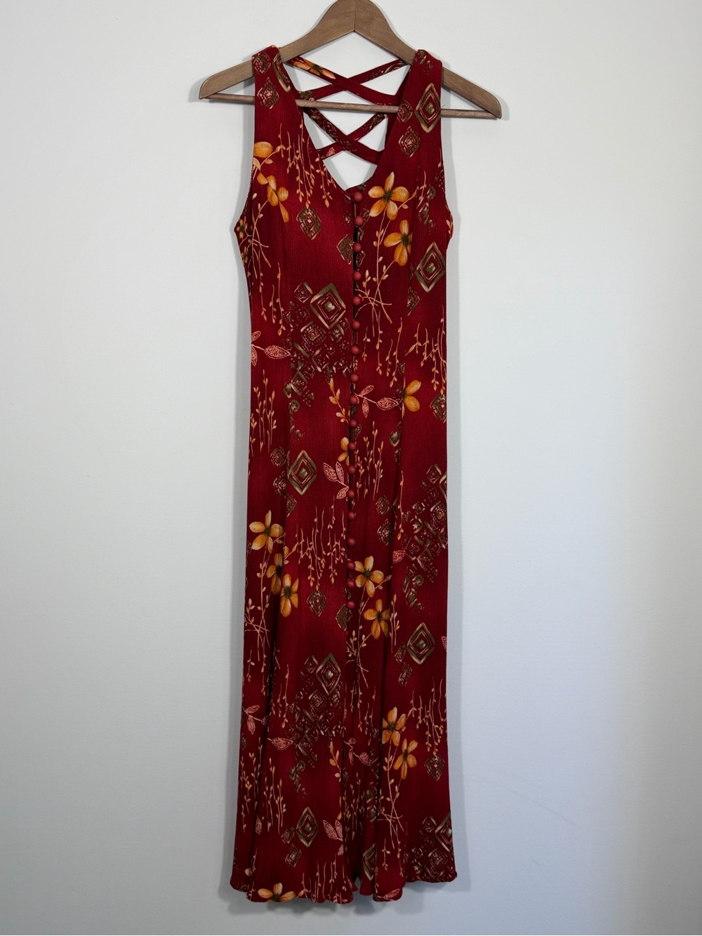 Vintage Dawn Joy Fashions 90s Red Floral Maxi Dress 9/10 Strappy Back